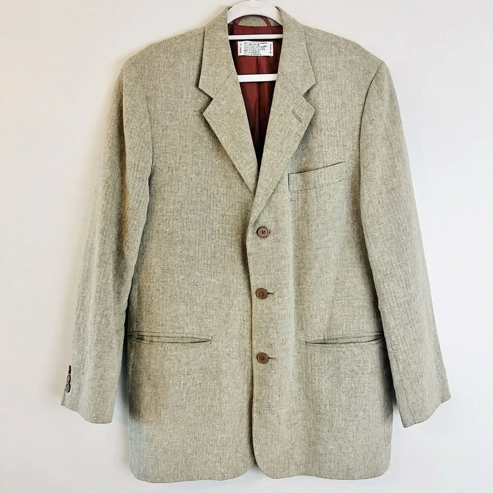Claiborne Beige Linen & Cotton Blend Satin Lined Triple Button Blazer Jacket 38R